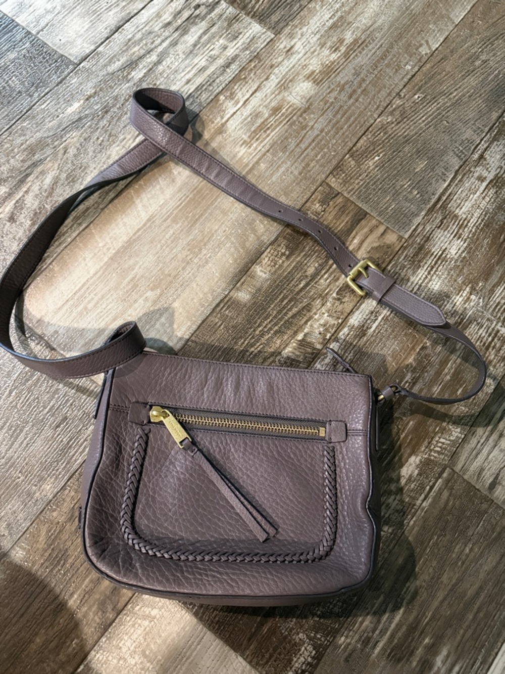 Cole Haan  Leather Braided-Trim Crossbody with Gold Zipper